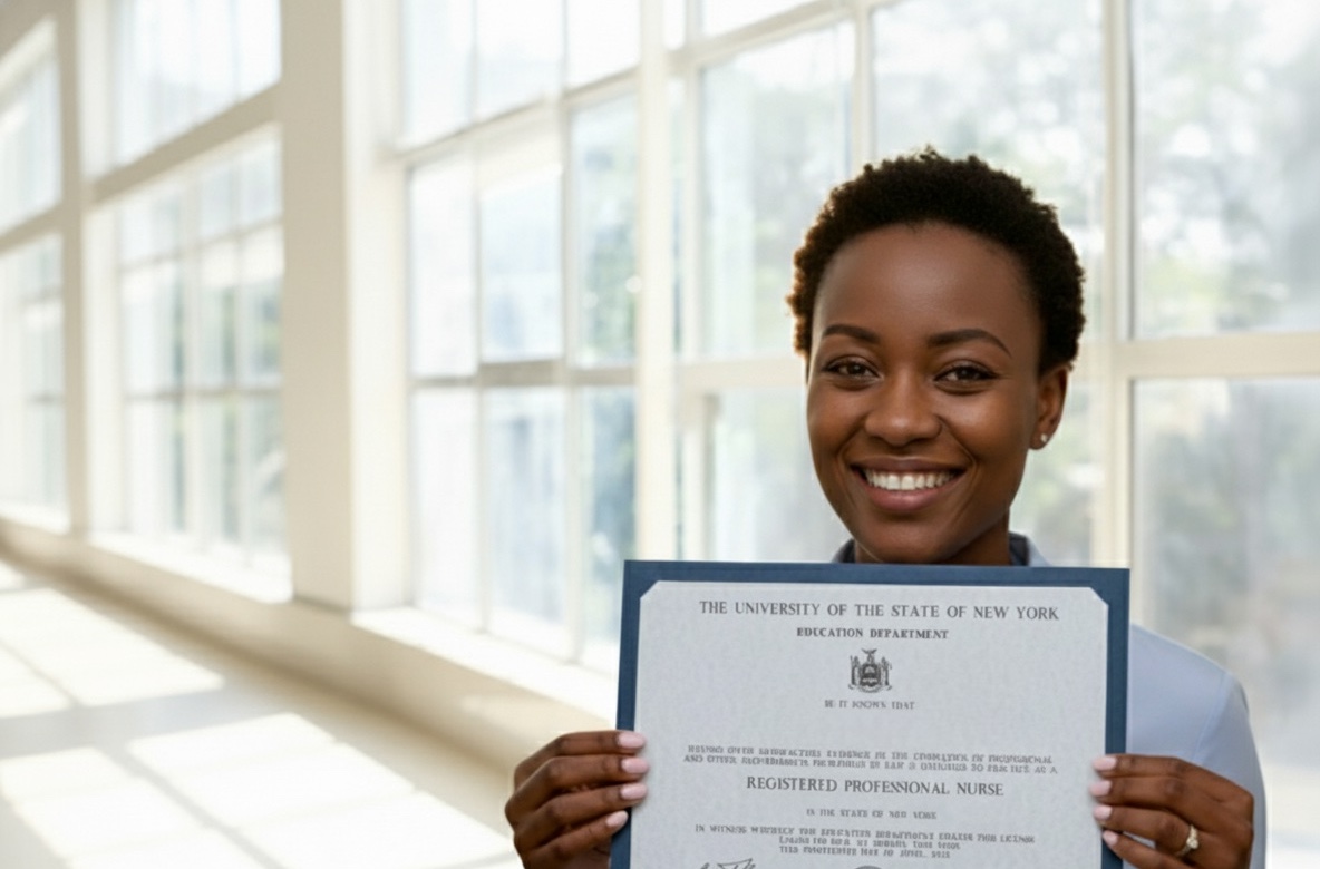 Registered nurse holding her certificate.