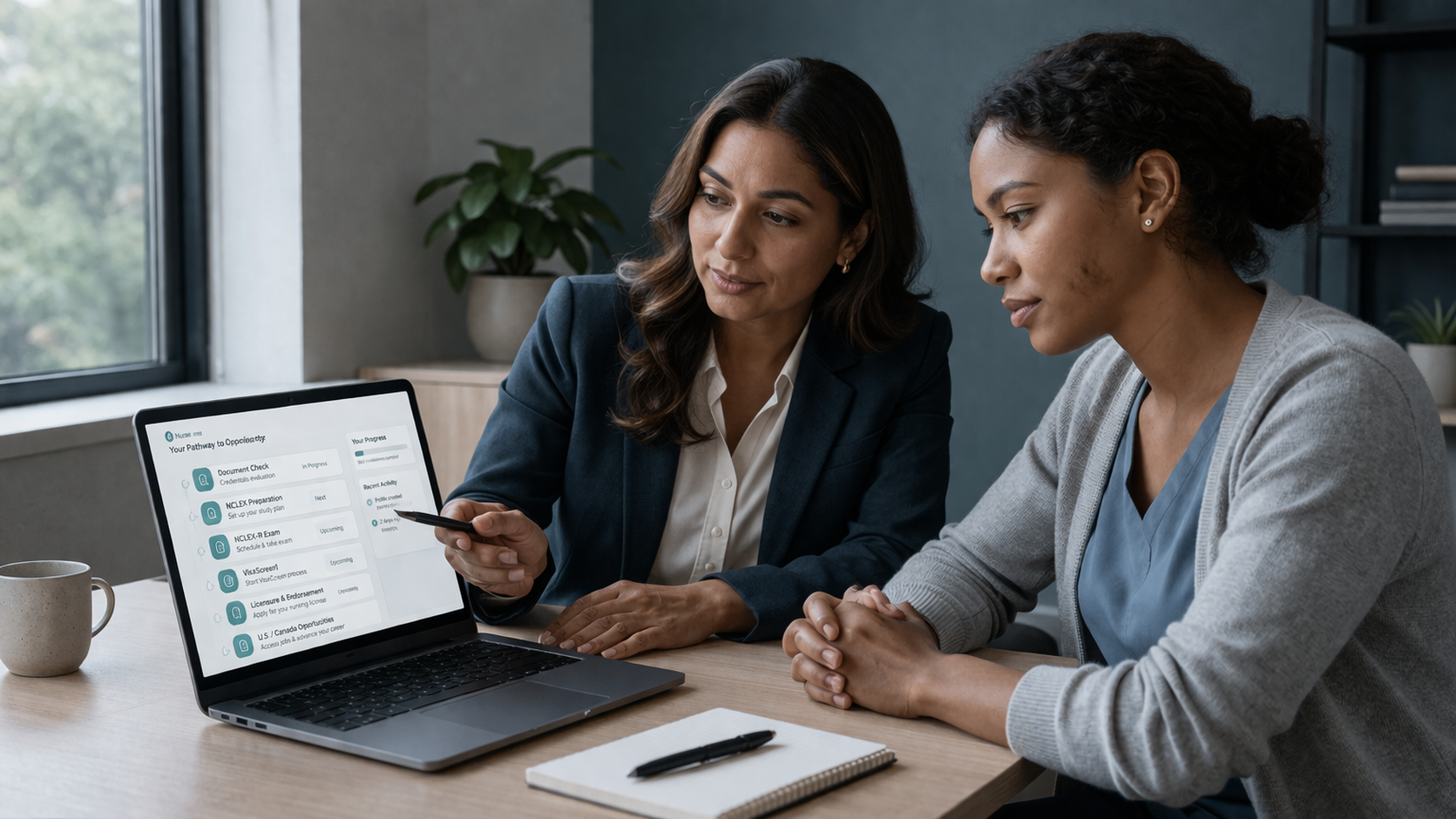 Nurse receiving guidance from an advisor